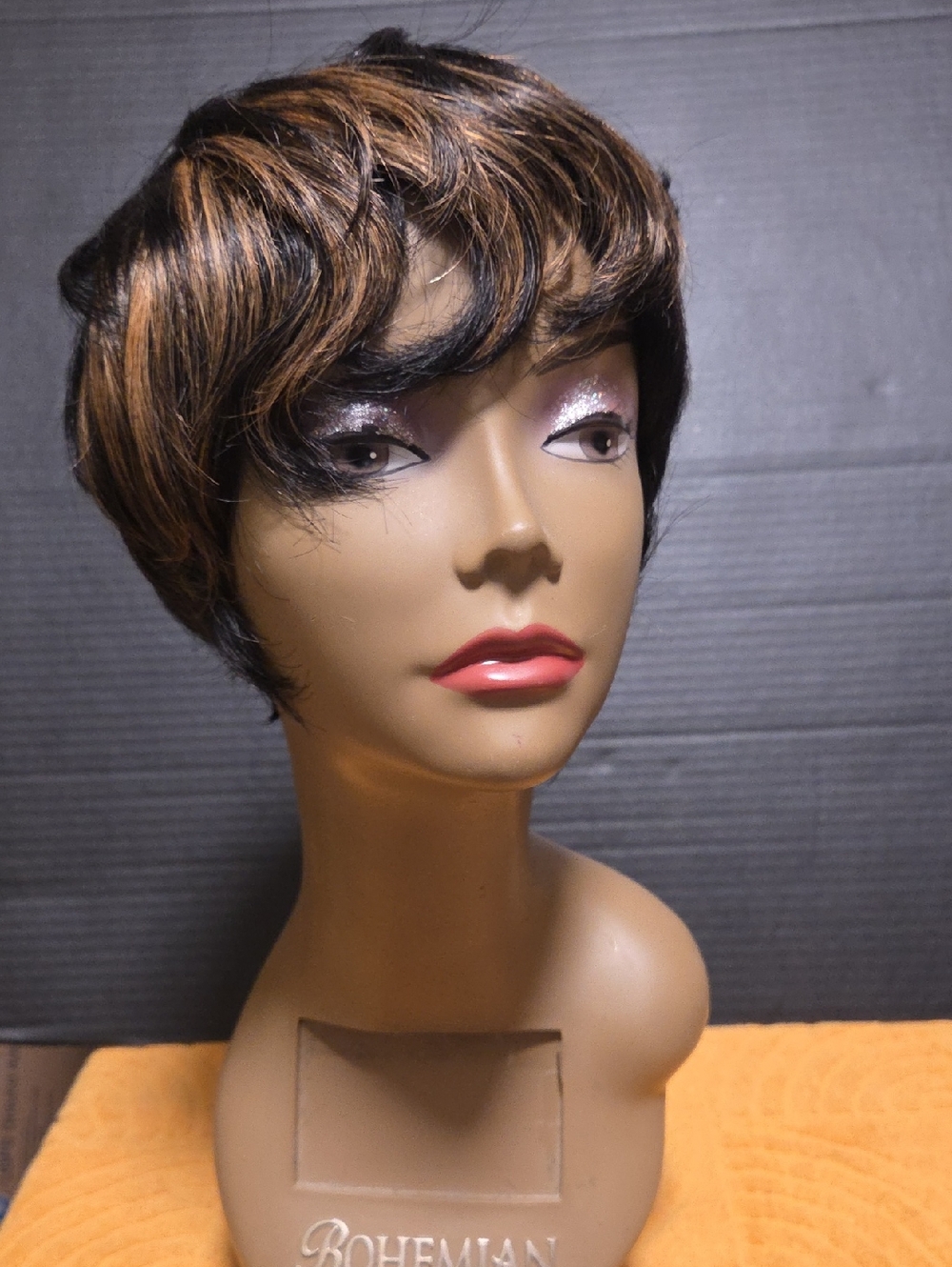 Short Layered Women's Wig - Black with Blonde Highlights